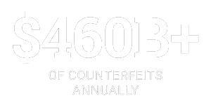 Text showing '$460B+ of counterfeits annually' indicating the high cost of counterfeit goods globally