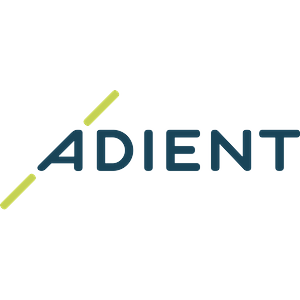 Adient company logo with stylized typography and striking horizontal line through letters