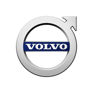 Volvo logo with metallic circle and diagonal arrow, blue 'VOLVO' text on silver background