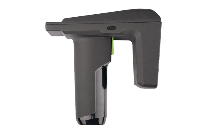 The image showcases a sleek, modern Impinj RFID reader with a prominent trigger