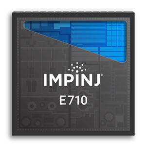 The image showcases the Impinj E710, a compact and advanced RFID chip
