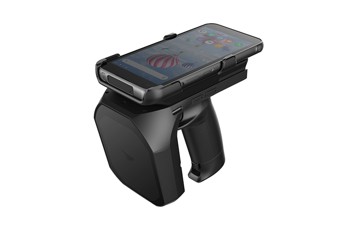 The image showcases a modern, handheld RFID reader with a sleek design, featuring a