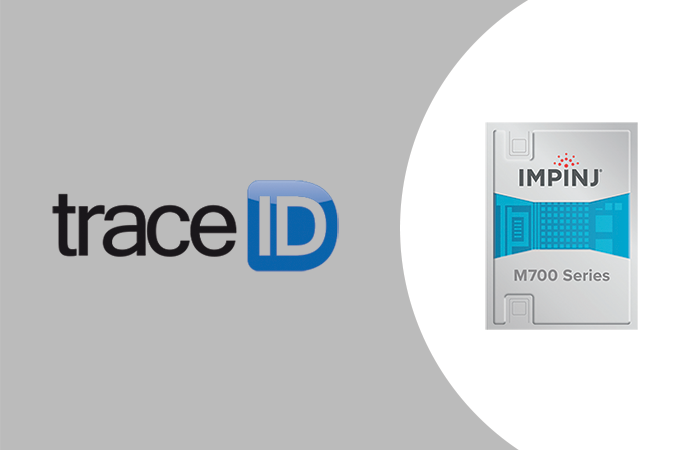 Impinj TraceID logo next to an M700 series microchip, representing RFID technology and user privacy commitment.