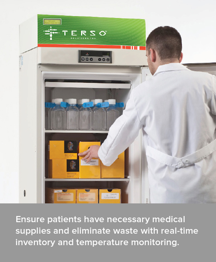 Healthcare professional using Terso Solutions inventory cabinet for efficient medical supply management and temperature monitoring