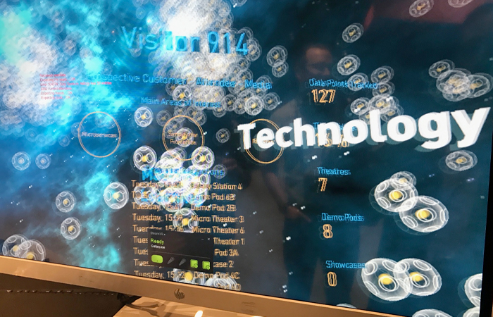The image displays a vibrant digital screen with the word "Technology" prominently featured in