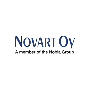 Logo von Novart Oy in dunkelblauer Schrift auf weißem Hintergrund mit dem Zusatz 'A member of the Nobia Group'