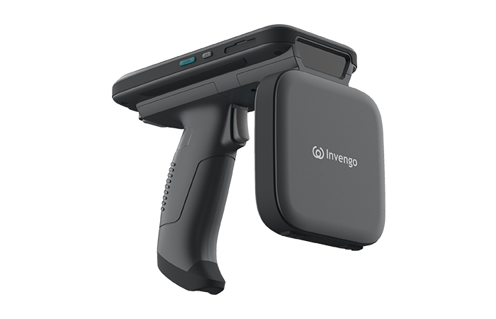 The image showcases a modern, handheld RFID reader by Impinj, designed to