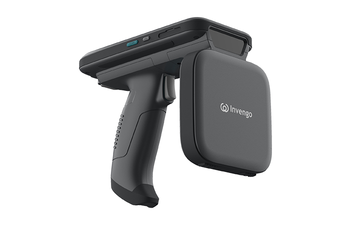 The image showcases a modern, handheld RFID reader by Impinj, designed to