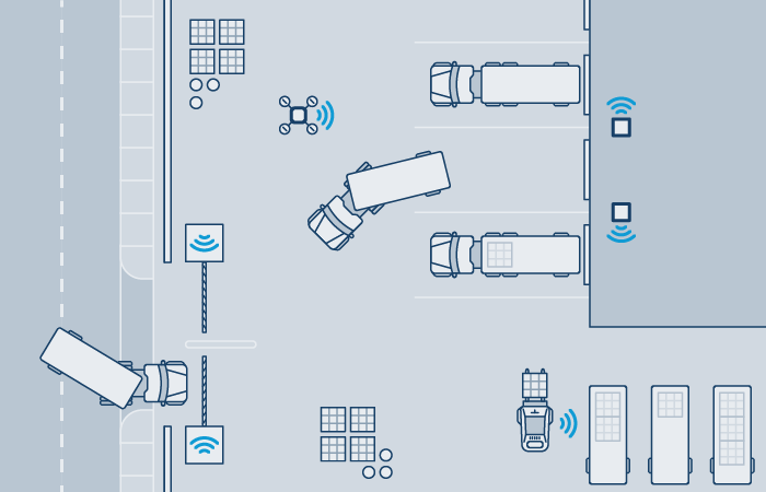This image illustrates a modern, streamlined urban traffic scenario, showcasing various vehicles equipped with