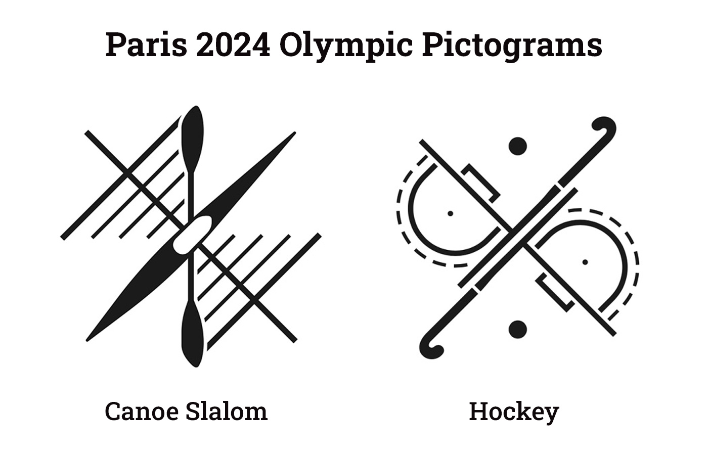 The image showcases two stylized black and white pictograms representing sports for the Paris