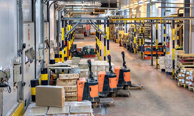 Inside a bustling warehouse, the image captures the essence of modern logistics and inventory management