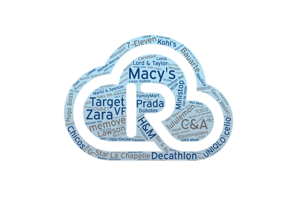 Word cloud in the shape of a circular tag featuring names of top retail brands adopting RAIN RFID technology, in context with Impinj's website user experience and cookie policy.