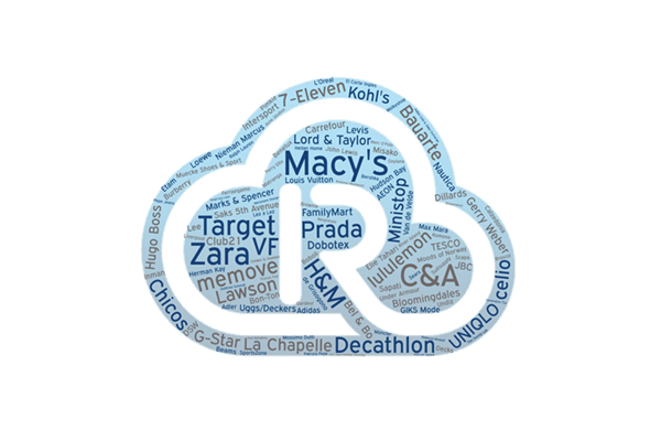 Word cloud in the shape of a circular tag featuring names of top retail brands adopting RAIN RFID technology, in context with Impinj's website user experience and cookie policy.