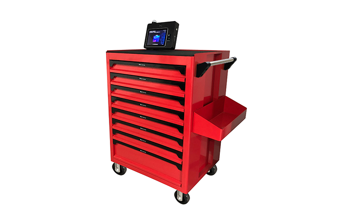 This image showcases a vibrant red, multi-drawer tool cart equipped with a digital