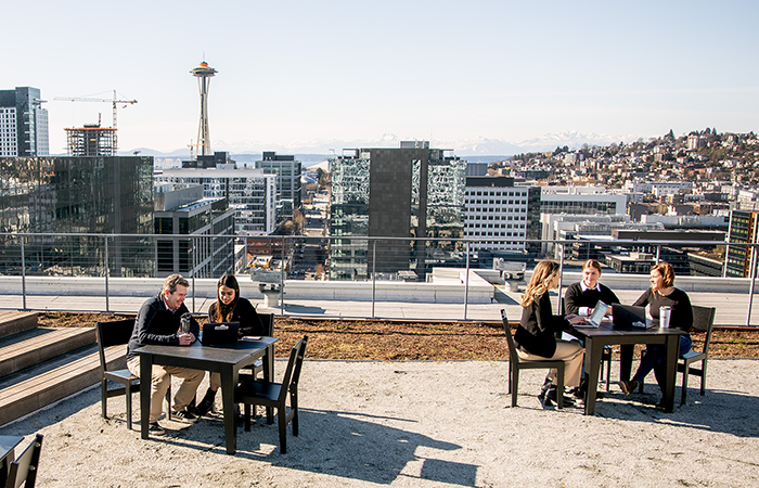 A group of professionals enjoys a sunny meeting outdoors with a stunning view of the Seattle