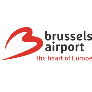 Logotipo del Aeropuerto de Bruselas con corazón rojo y eslogan 'the heart of Europe'