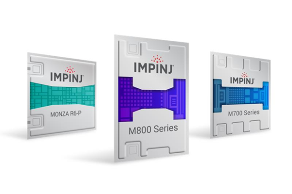 Renderings of Impinj M800 series, M700 series, and Monza R6-P RAIN RFID tag chips.