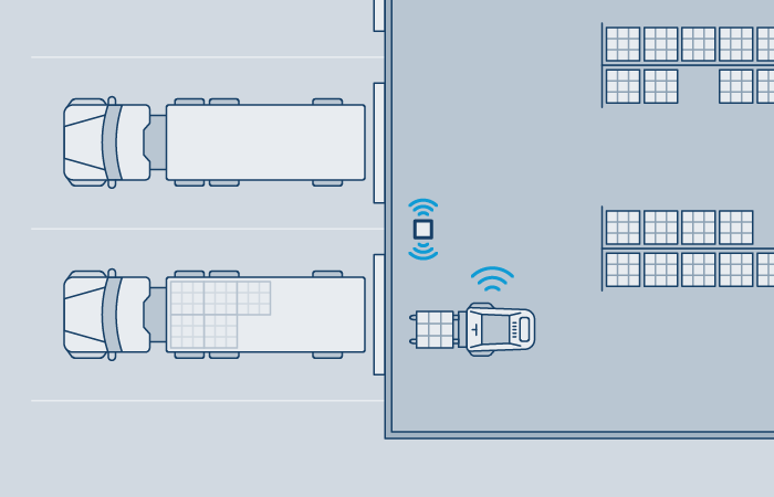 This image illustrates a bird's-eye view of a logistics scenario, where technology is