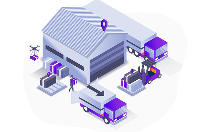 This isometric illustration depicts a bustling warehouse logistics operation, enhanced by Impinj