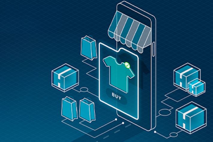 Infografik zur Darstellung des Omnichannel-Einzelhandels mit Smartphone und E-Commerce-Plattform, umgeben von Paketen und Einkaufstaschen, im Einklang mit der Cookie-Nutzung und Datenschutzrichtlinie von Impinj