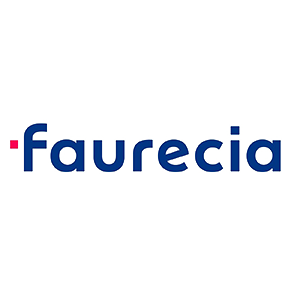 Faurecia社のロゴ、青色の文字とフランス国旗の色をあしらったデザイン