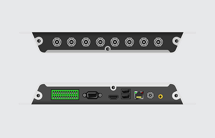The image showcases two electronic devices with multiple ports. The top device features a row