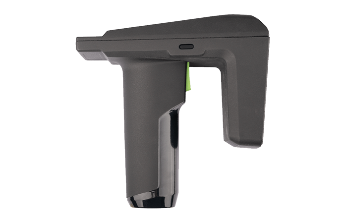 The image showcases a sleek, modern Impinj RFID reader with a prominent trigger