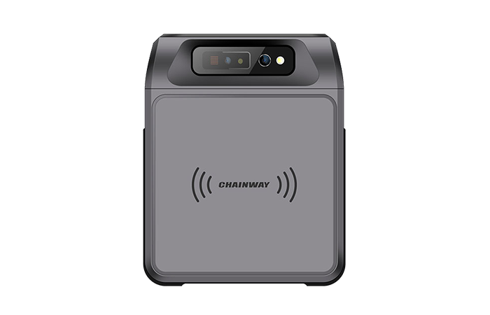 The image showcases a modern Chainway RFID reader, a sleek and compact device designed