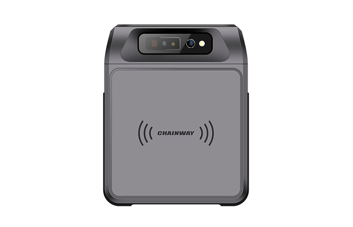 The image showcases a modern Chainway RFID reader, a sleek and compact device designed