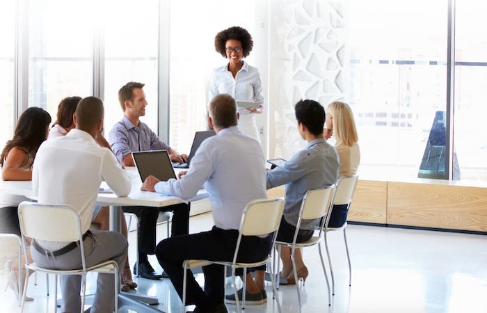 A diverse group of professionals is engaged in a meeting in a bright, modern office