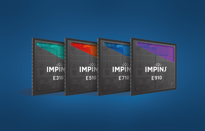 Impinj E-Family RFID readers E310, E510, E710, and E910 against a blue background, highlighting advanced user experience technology.