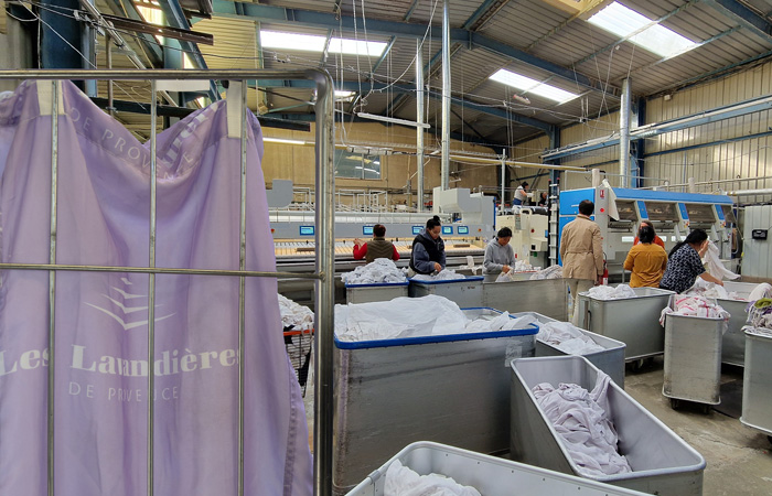 Inside a bustling industrial laundry facility, workers are diligently handling various textiles, ensuring each