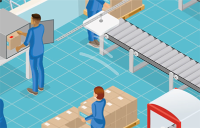 Illustration isométrique d'un processus de travail en entrepôt avec des employés et des tapis roulants, soulignant l'utilisation des cookies par Impinj pour l'efficacité opérationnelle.