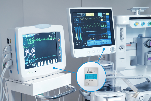 Impinj M700 device integrated with medical monitoring equipment in a high-tech healthcare setting
