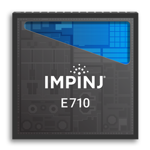 The image showcases the Impinj E710, a compact and advanced RFID chip