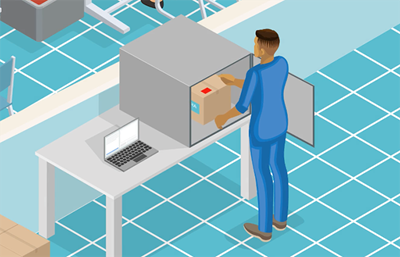 Vue aérienne illustrative d'un employé en entrepôt scannant un colis avec un système RFID Impinj aux côtés d'un ordinateur portable, démontrant l'intégration de la technologie dans la logistique.
