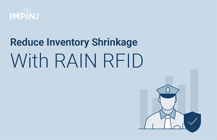 Infographic by Impinj depicting the benefits of using RAIN RFID technology for reducing inventory shrinkage, featuring a security officer icon.