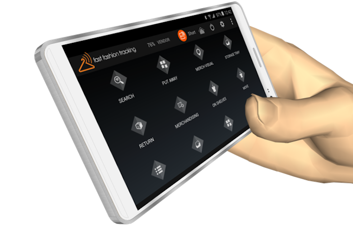 Hand holding a tablet with Impinj inventory tracking interface for retail management