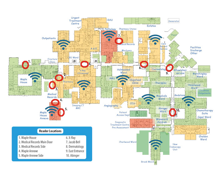 The image displays a detailed layout of a healthcare facility, highlighting various departments and sections