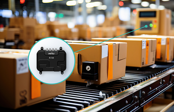 The image showcases a bustling warehouse environment with a focus on the advanced tracking capabilities provided