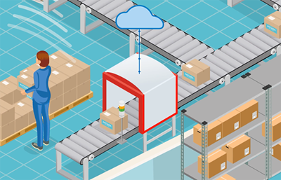 Illustration of a modern RFID-enabled warehouse management system with a female overseer, representing Impinj's inventory tracking solutions.