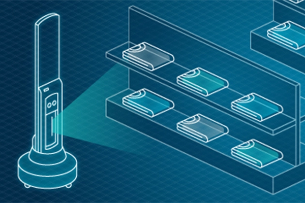 Illustration of an autonomous inventory robot with Impinj technology in a retail setting for enhanced shopping experience