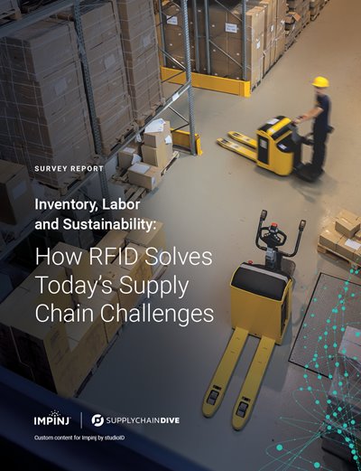 Impinj and Supply Chain Dive's RFID supply chain survey report cover with a warehouse worker and digital tracking graphics