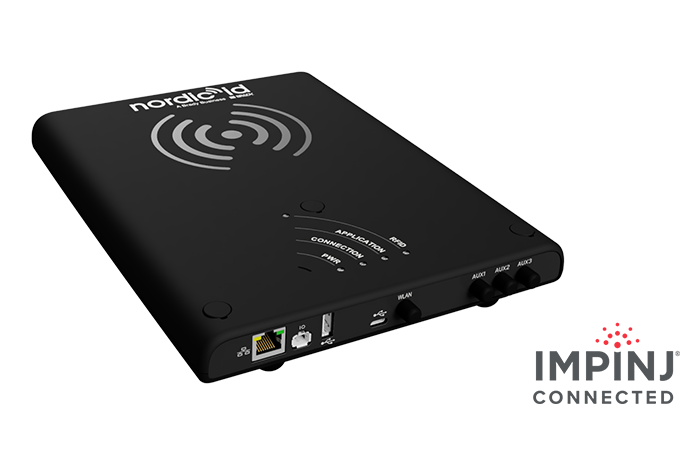 The image showcases a sleek, modern Impinj RFID reader, which is a