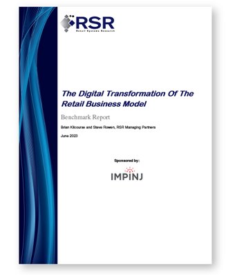 Cover of RSR report on retail digital transformation, sponsored by IMPINJ, with blue abstract design