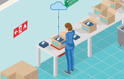 Illustration isométrique d'un employé numérisant des paquets dans un entrepôt avec connectivité cloud, représentant les solutions technologiques d'Impinj pour la logistique.