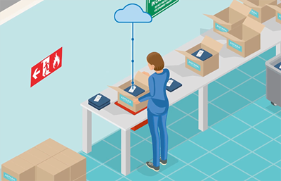 Illustration einer RFID-Arbeitsstation in einem Logistikzentrum mit Cloud-Technologie-Anbindung, unter Berücksichtigung verbesserte Benutzererfahrung durch Cookies gemäß Datenschutzrichtlinie von Impinj.
