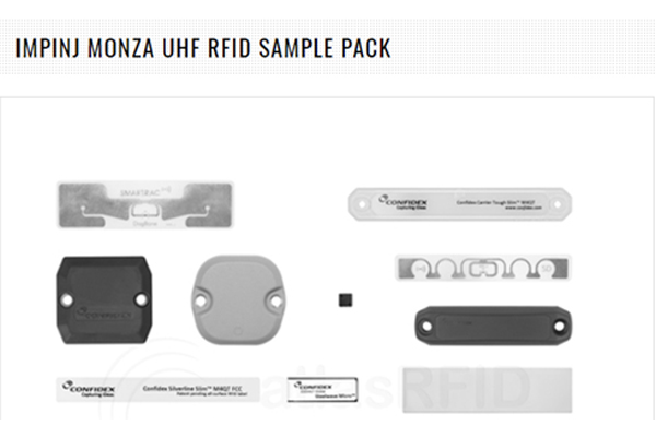 Impinj Monza UHF RFID Sample Pack available for online purchase, featuring various RFID tag shapes with Monza chips.