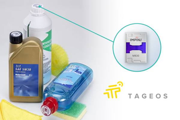 Image of three bottled products with Tageos RAIN RFID tags in their caps using Impinj M830 tag chips. 