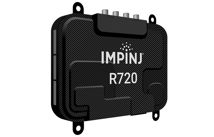 The image showcases the Impinj R720, a sleek and advanced RFID reader